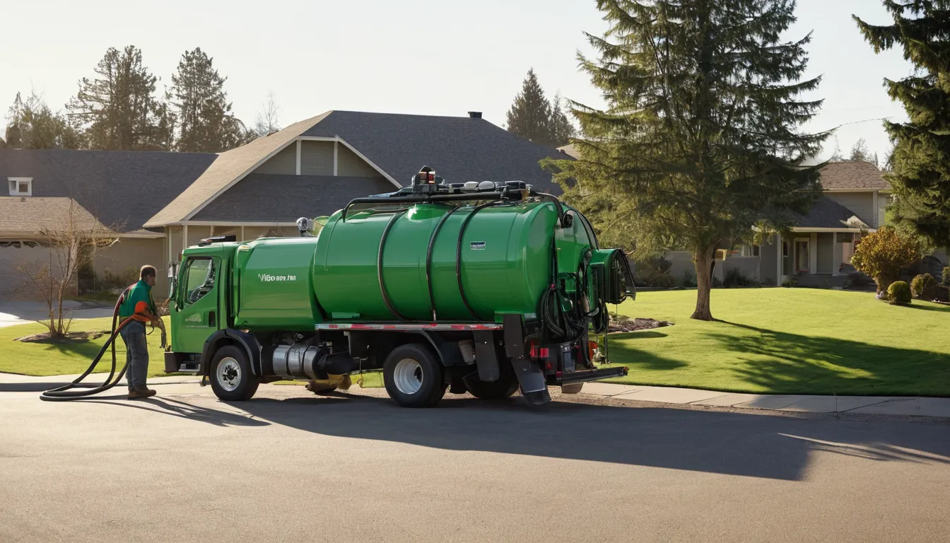 Septic service truck parked near a home in Avon on a clear morning