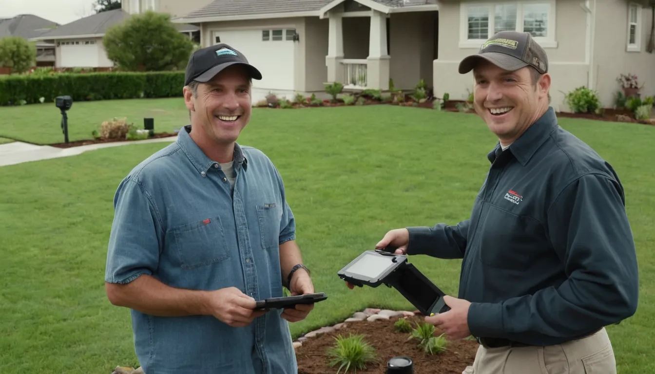 Provider reviewing a sewer line camera inspection with a homeowner in a yard in Avon